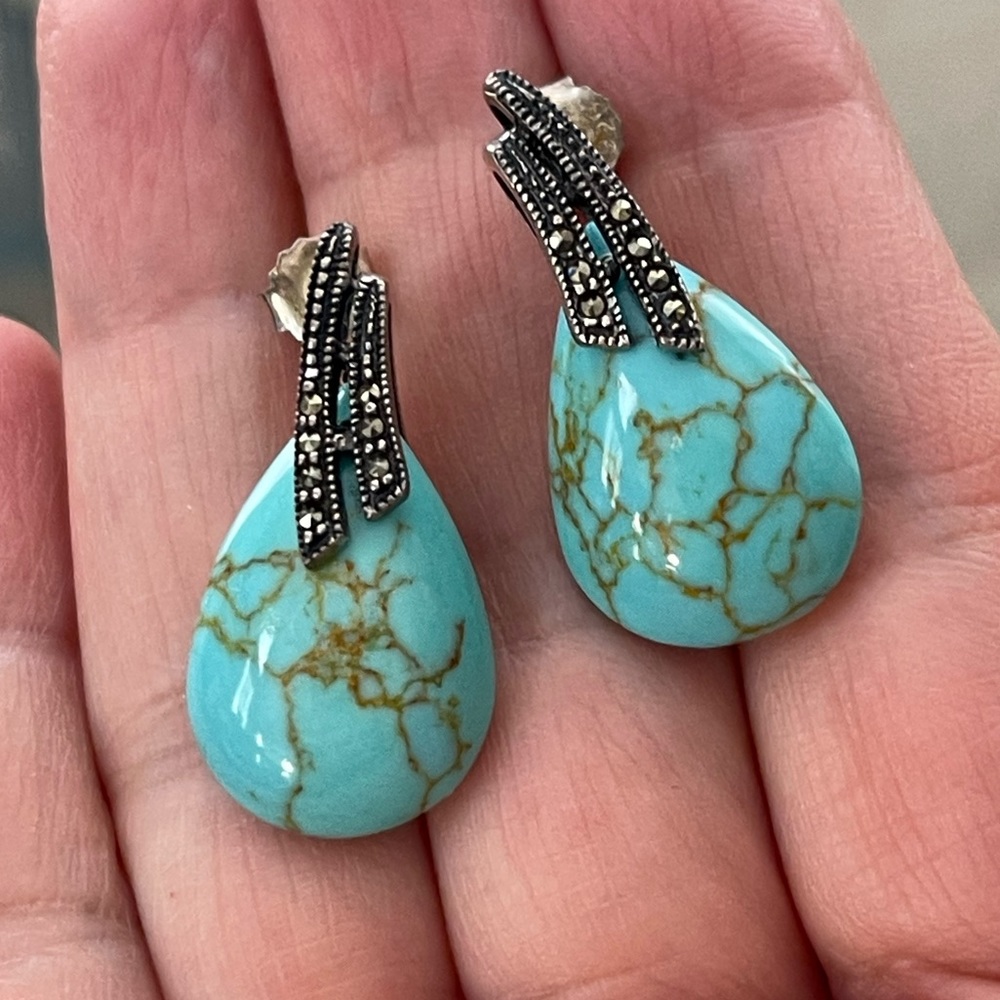Turquoise Marcasite Solid Sterling Silver Drop Ea… - image 1